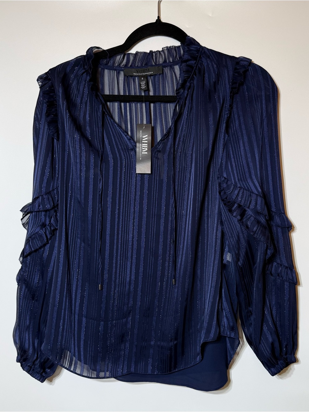 White House Black Market Navy Sheer Ruffle-Trim Blouse